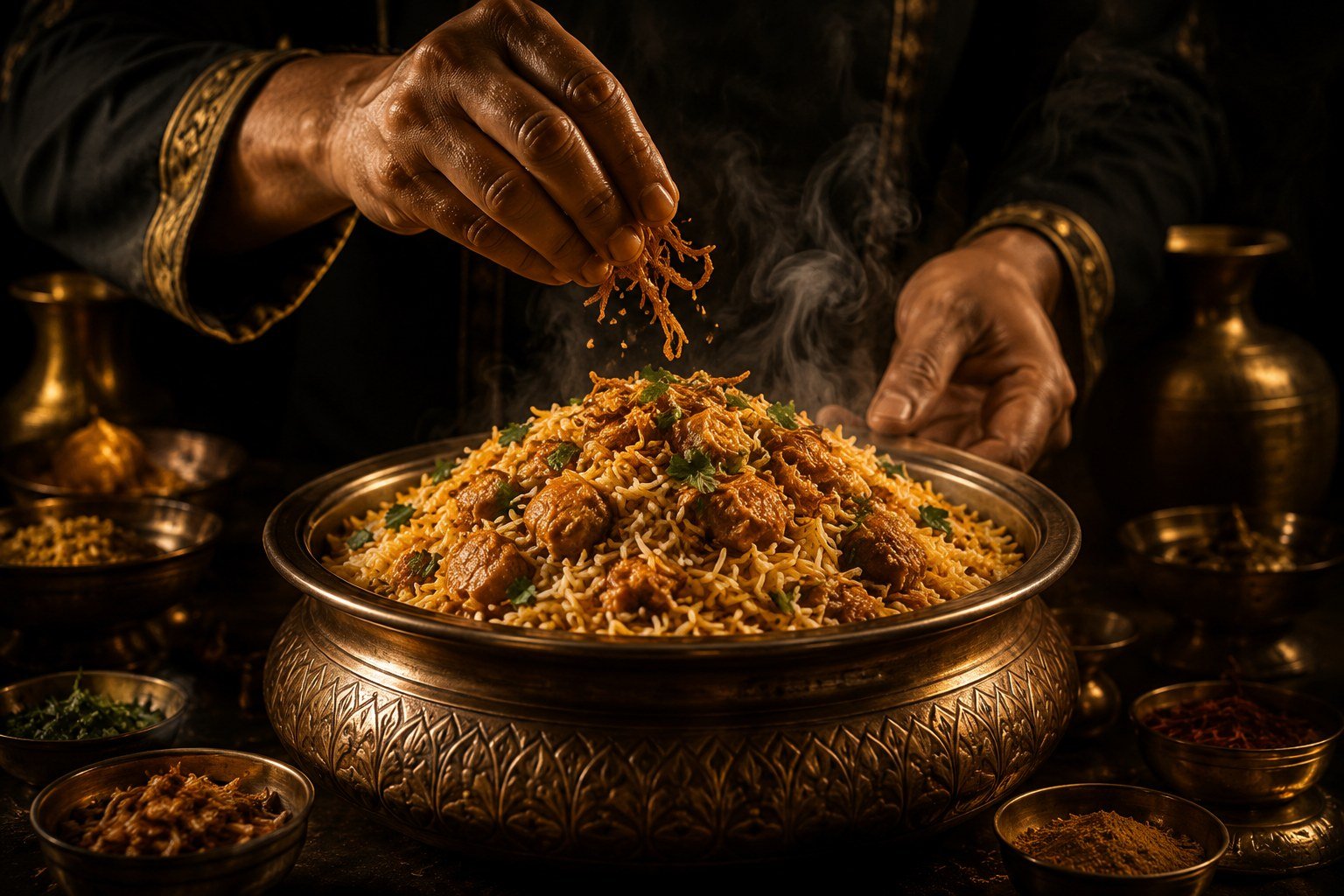 Chef garnishing a hot biryani with fried onions