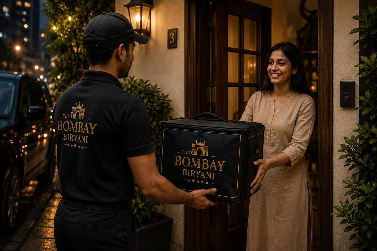 The Bombay Biryani delivery courier handing over an order