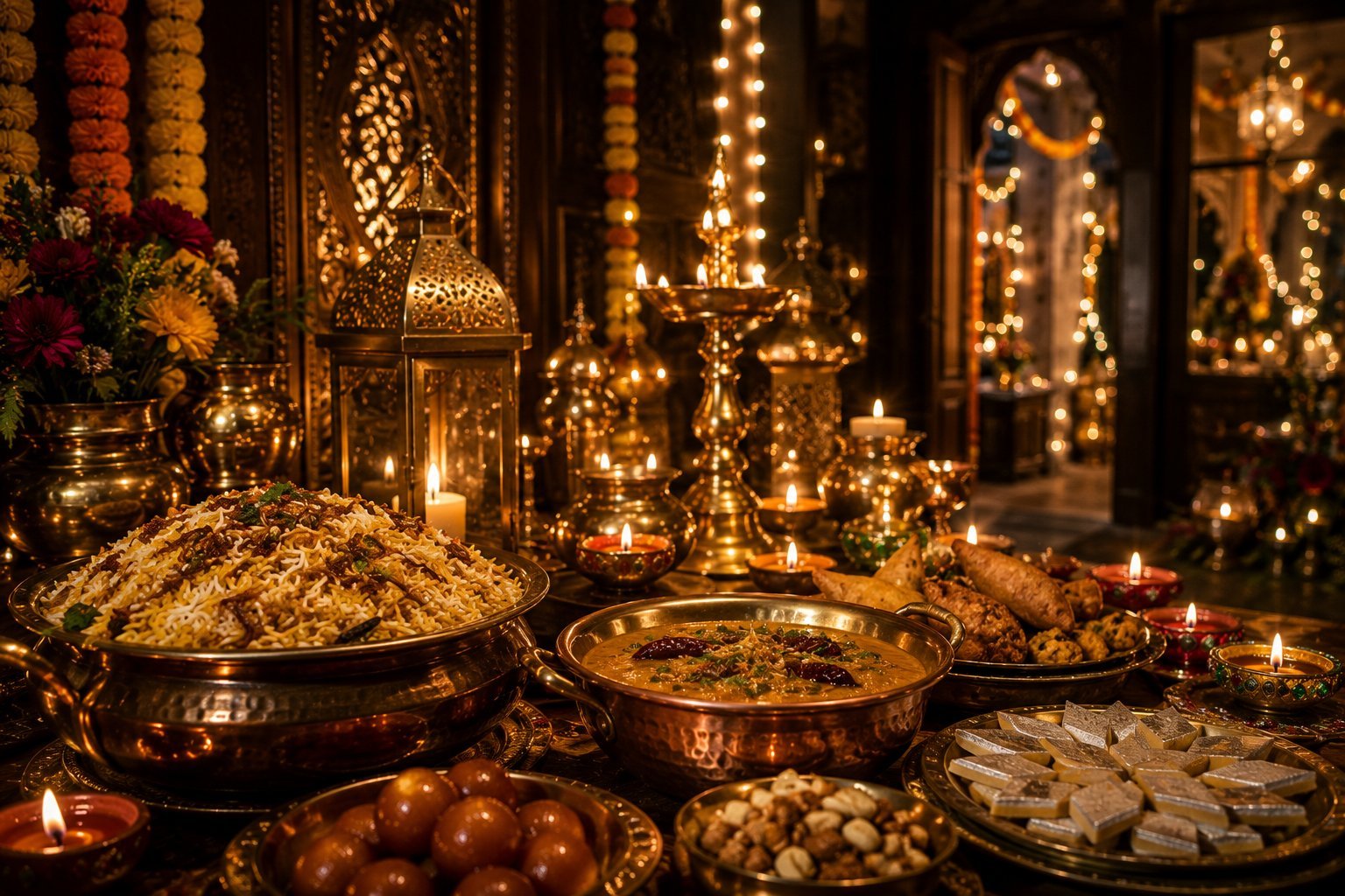 Festival spread with biryani, sweets and diyas