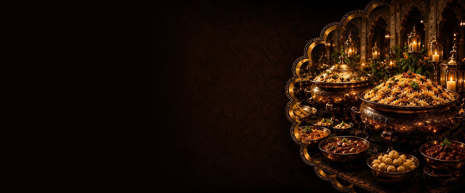 Elegant catering spread with biryani and traditional dishes in ornate copper vessels