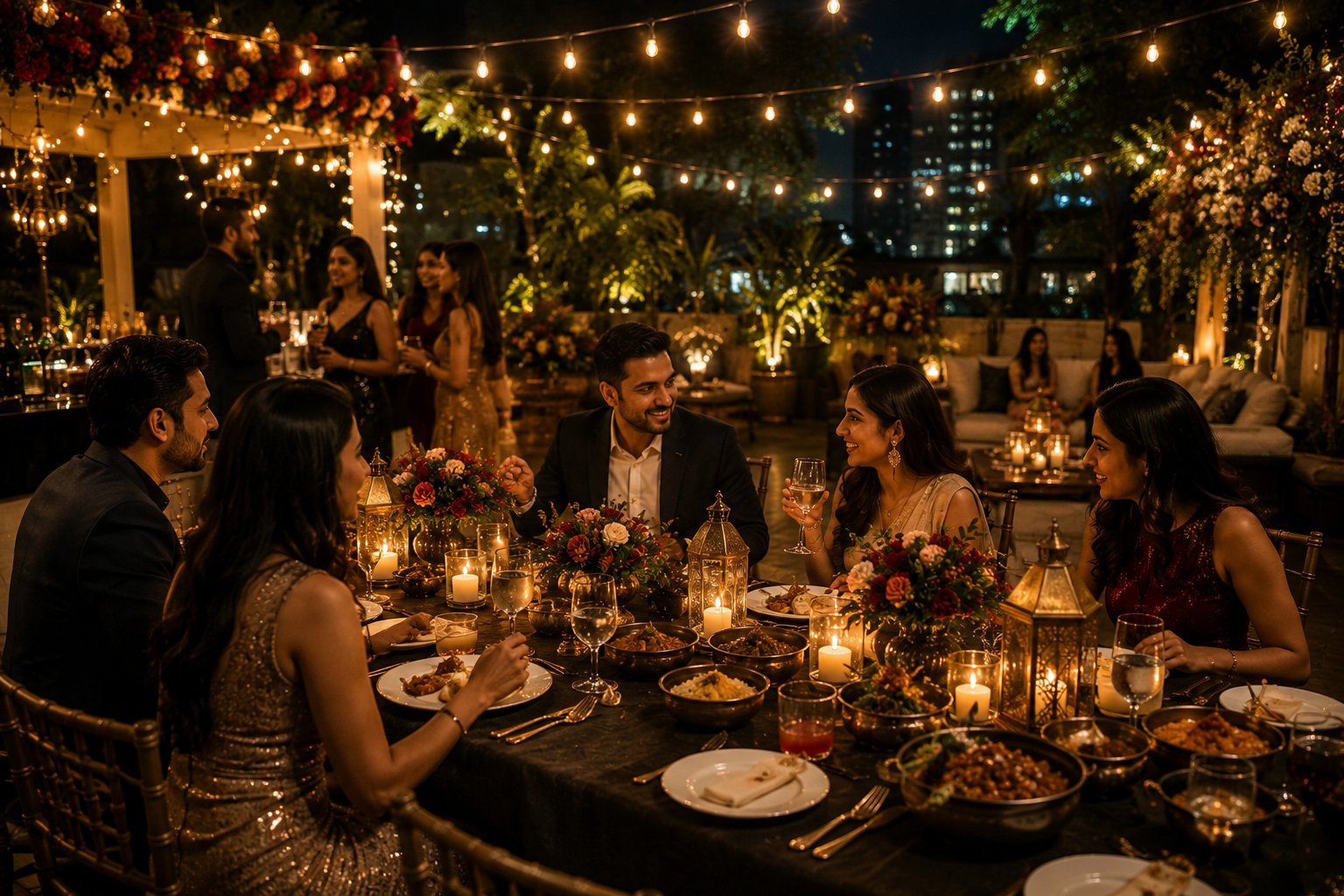 Private outdoor party with string lights and floral centerpieces