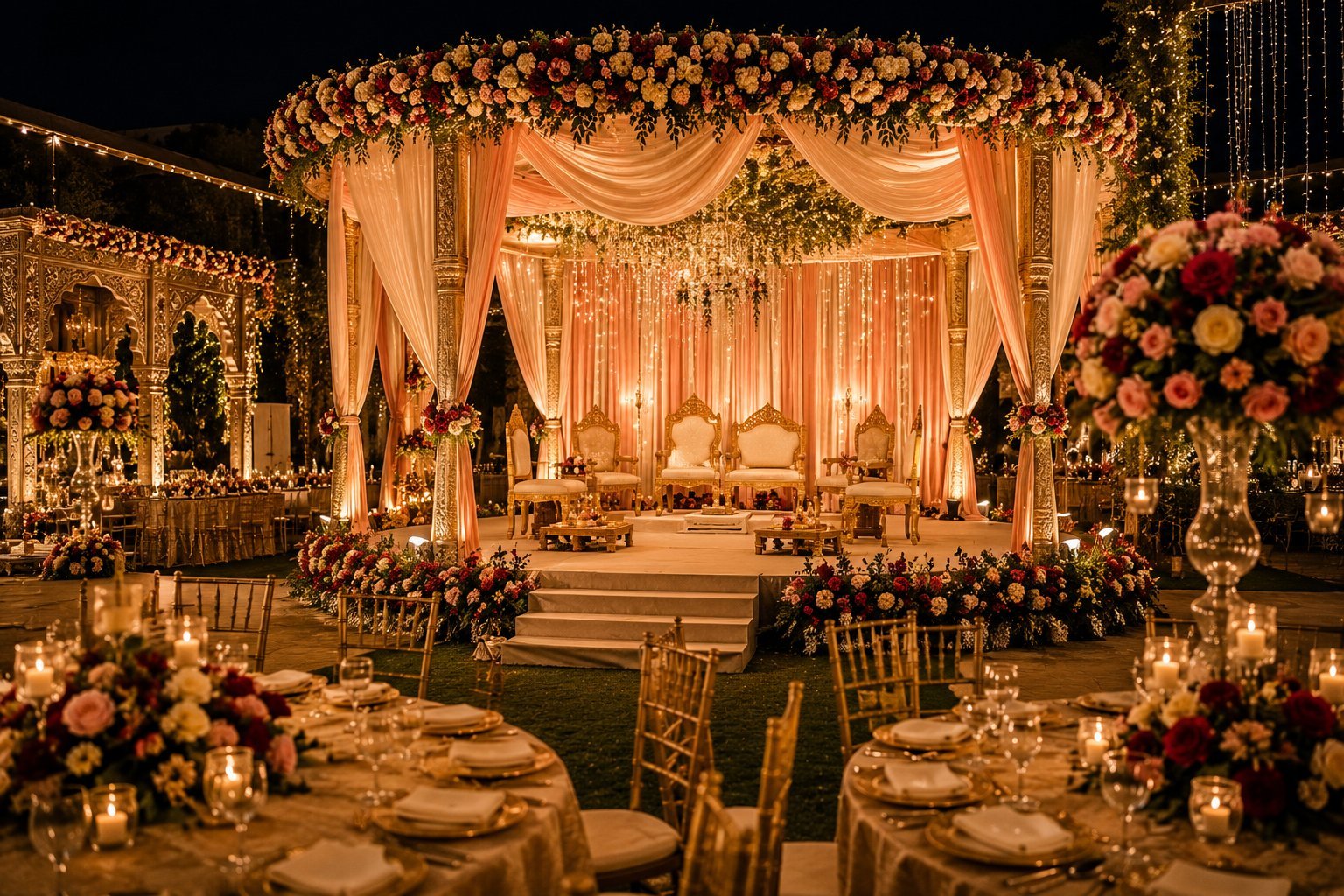Wedding mandap decorated with flowers and lights