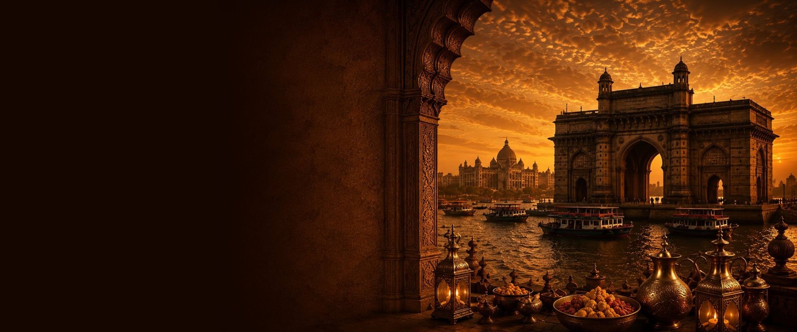 Gateway of India at sunset with lanterns and Indian sweets in the foreground