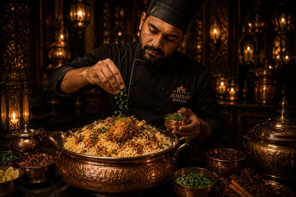 Chef garnishing biryani