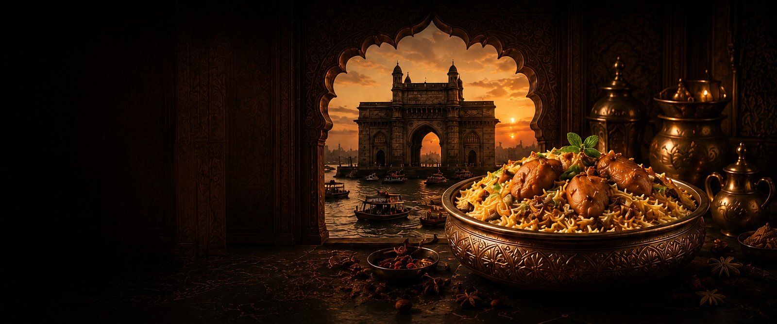 Biryani served before a view of the Gateway of India at sunset