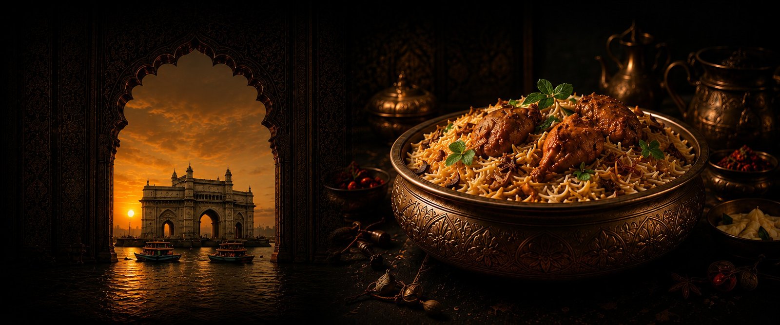 Signature biryani bowl before a view of the Gateway of India at sunset