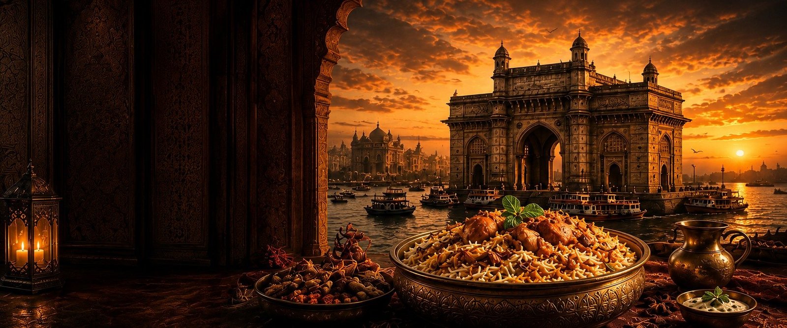 Signature biryani before a view of the Gateway of India at sunset