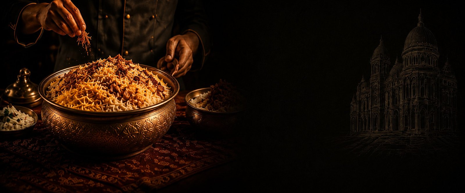 Chef garnishing a hot biryani with fried onions and saffron, with an illustration of Bombay architecture